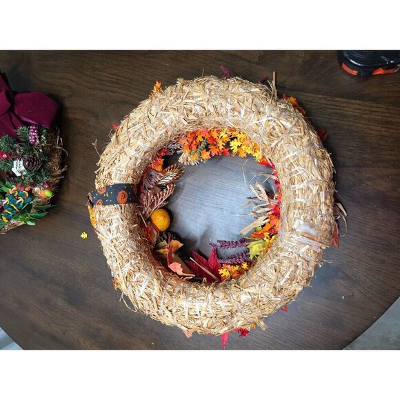 Handcrafted Fall Wreath With Mini Scarecrow & Witch Decor Straw Base Autumn Leav - Picture 14 of 14